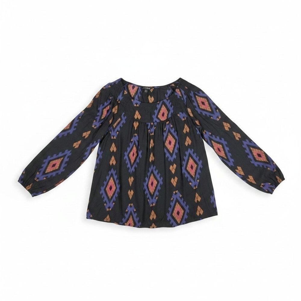 Lucky Brand Geometric Southwest Peasant Blouse Black Purple L Western Festival